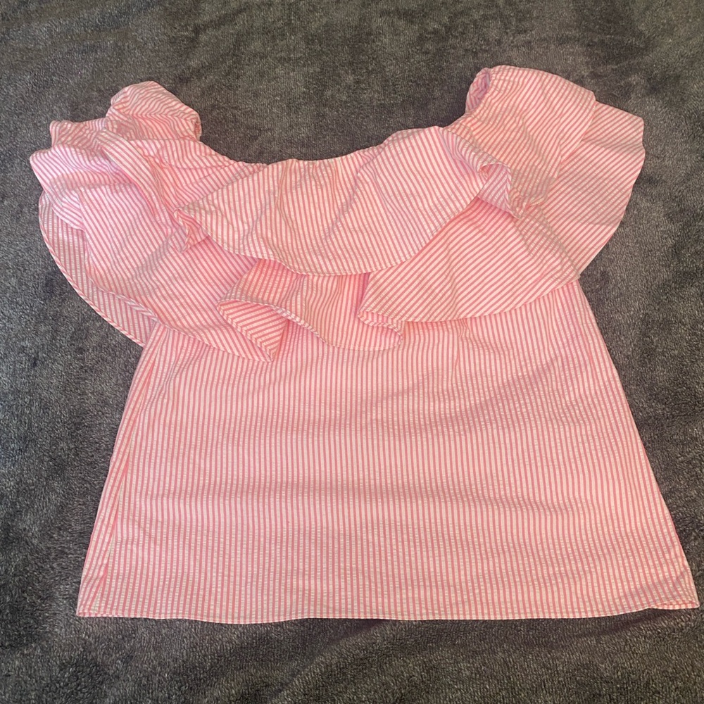 Lilly Pulitzer Trixie One Shoulder Ruffle Top Havana Pink Seersucker Size Small - Picture 3 of 5